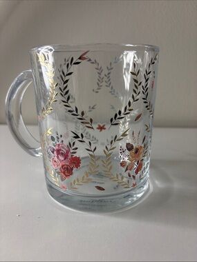Clear Floral Glass Mug with Pink Rose and Gold Leaf Accents